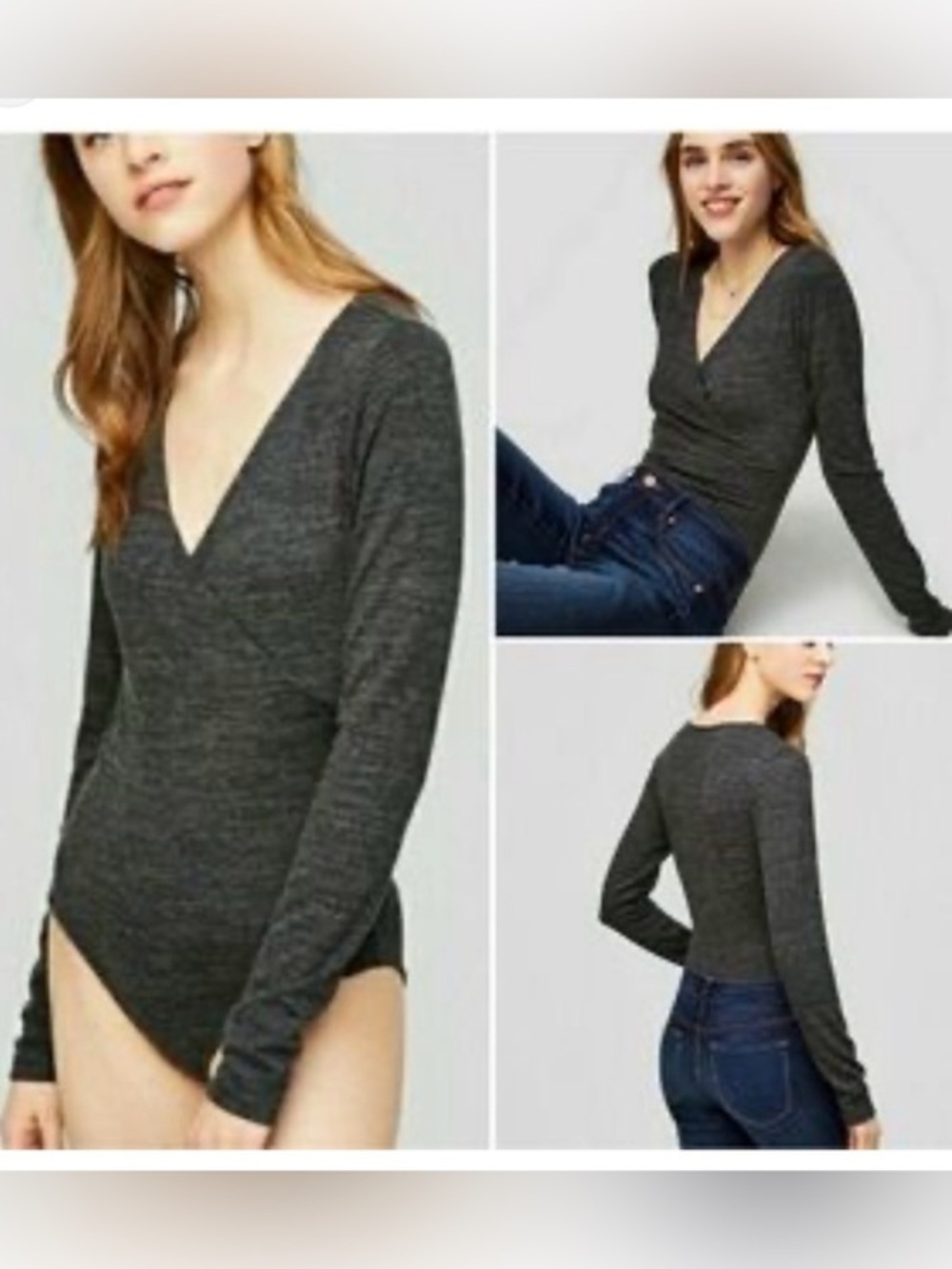 LOFT Charcoal Black Long Sleeve V-Neck Bodysuit size L